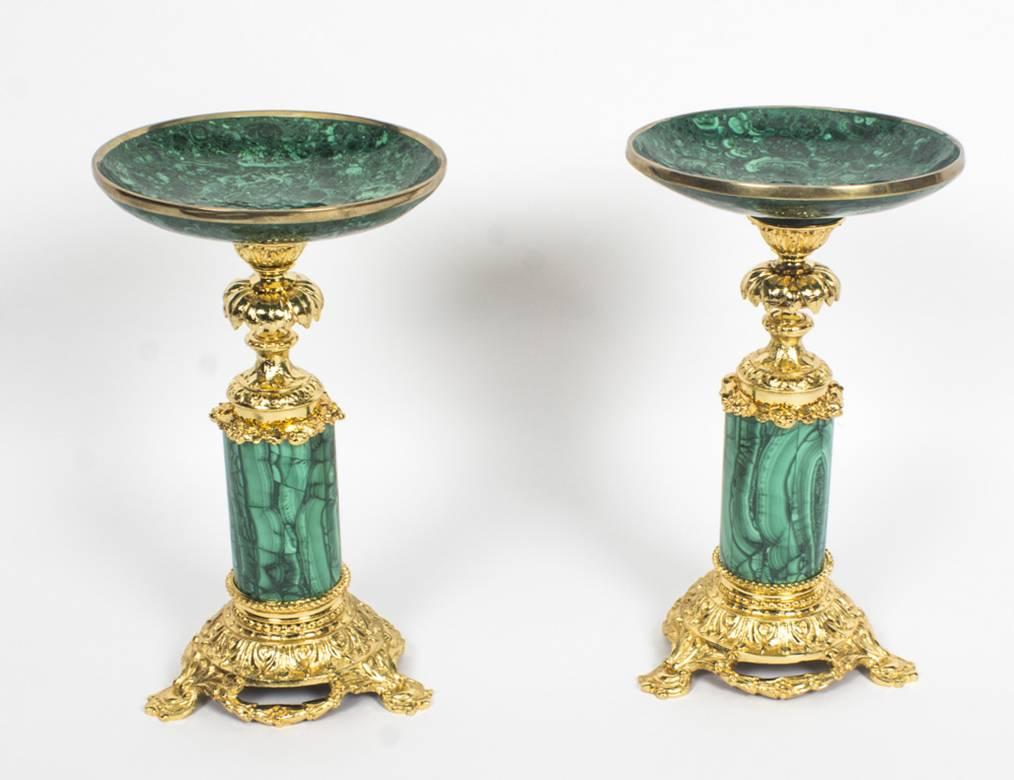 19th Century Pair Malachite and Ormolu Mounted Tazzas  5