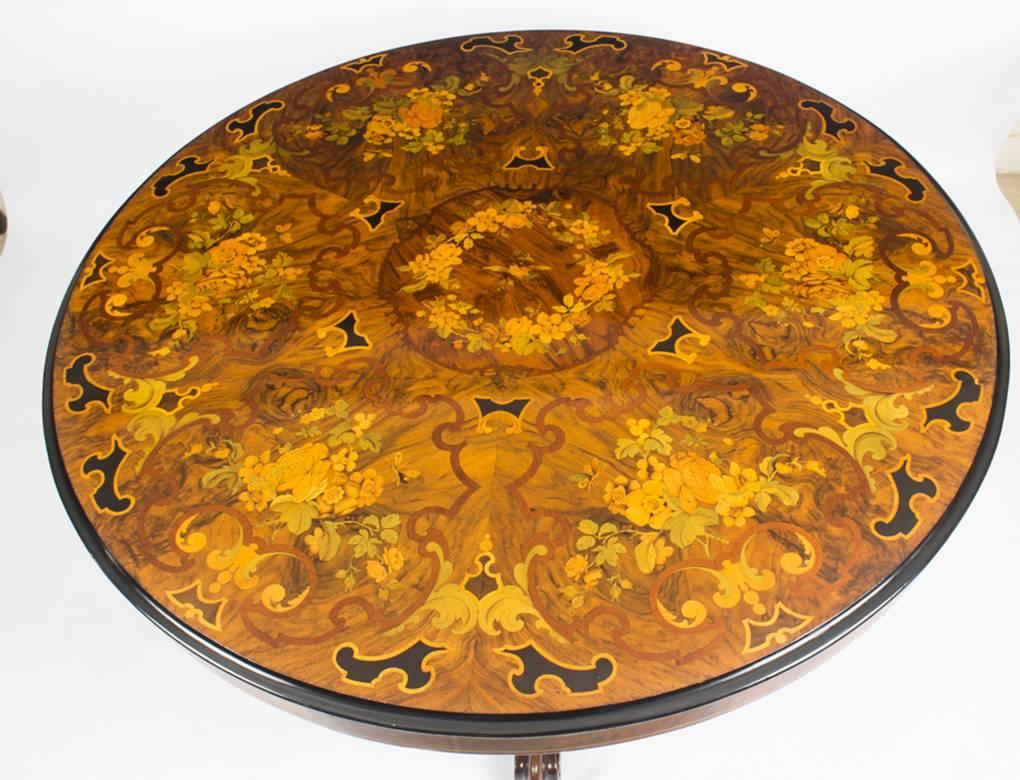 English 19th Century Victorian Burr Walnut Marquetry Loo Centre Table