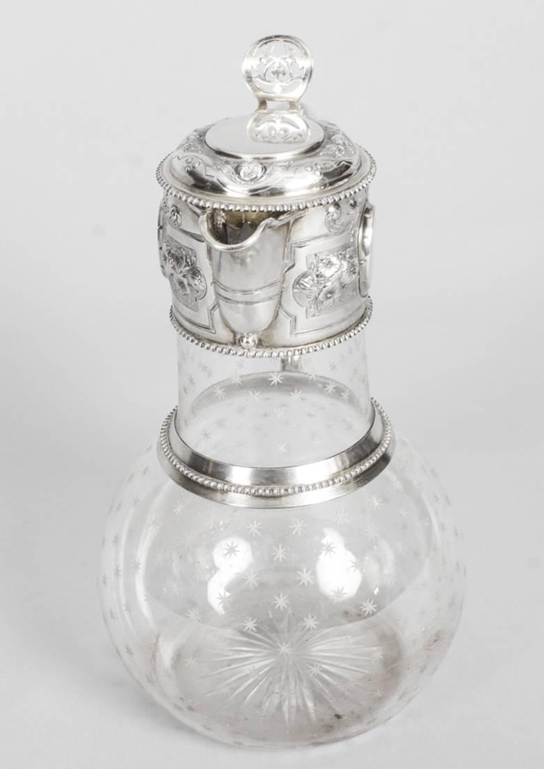 Sterling Silver Antique Victorian Silver and Crystal Claret Jug Ewer W & G Sissons, 1864