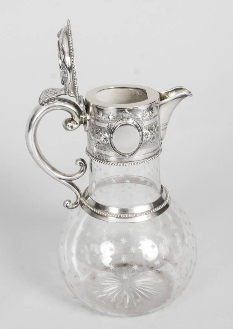 Antique Victorian Silver and Crystal Claret Jug Ewer W & G Sissons, 1864 1