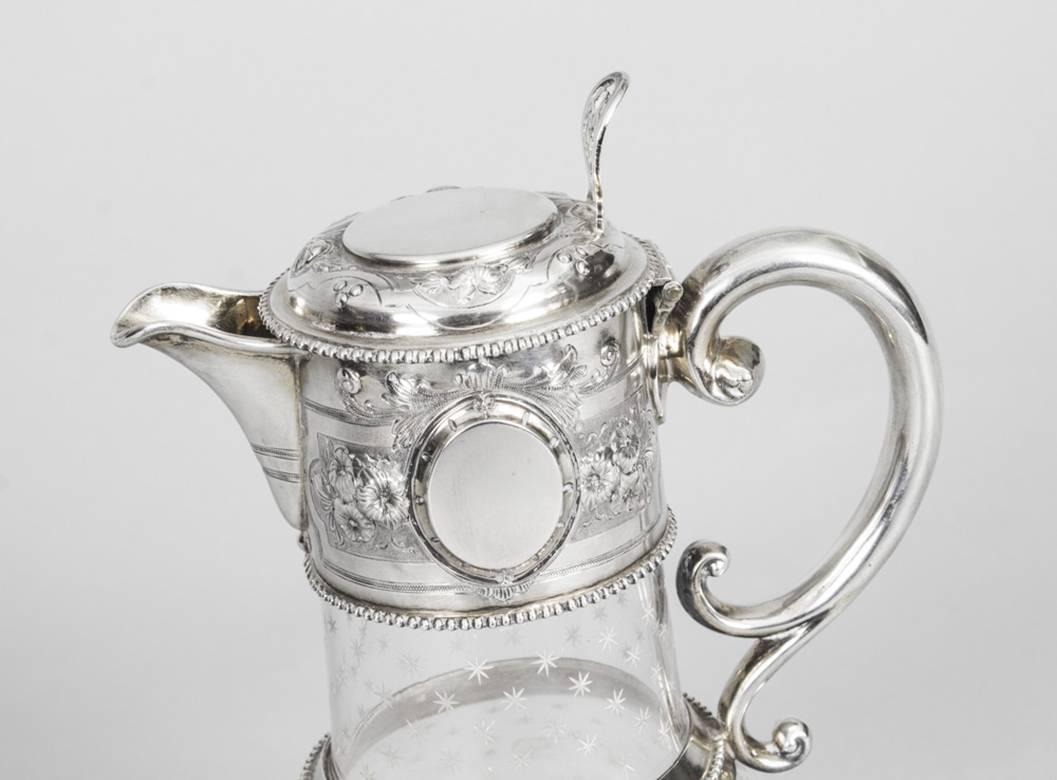 English Antique Victorian Silver and Crystal Claret Jug Ewer W & G Sissons, 1864