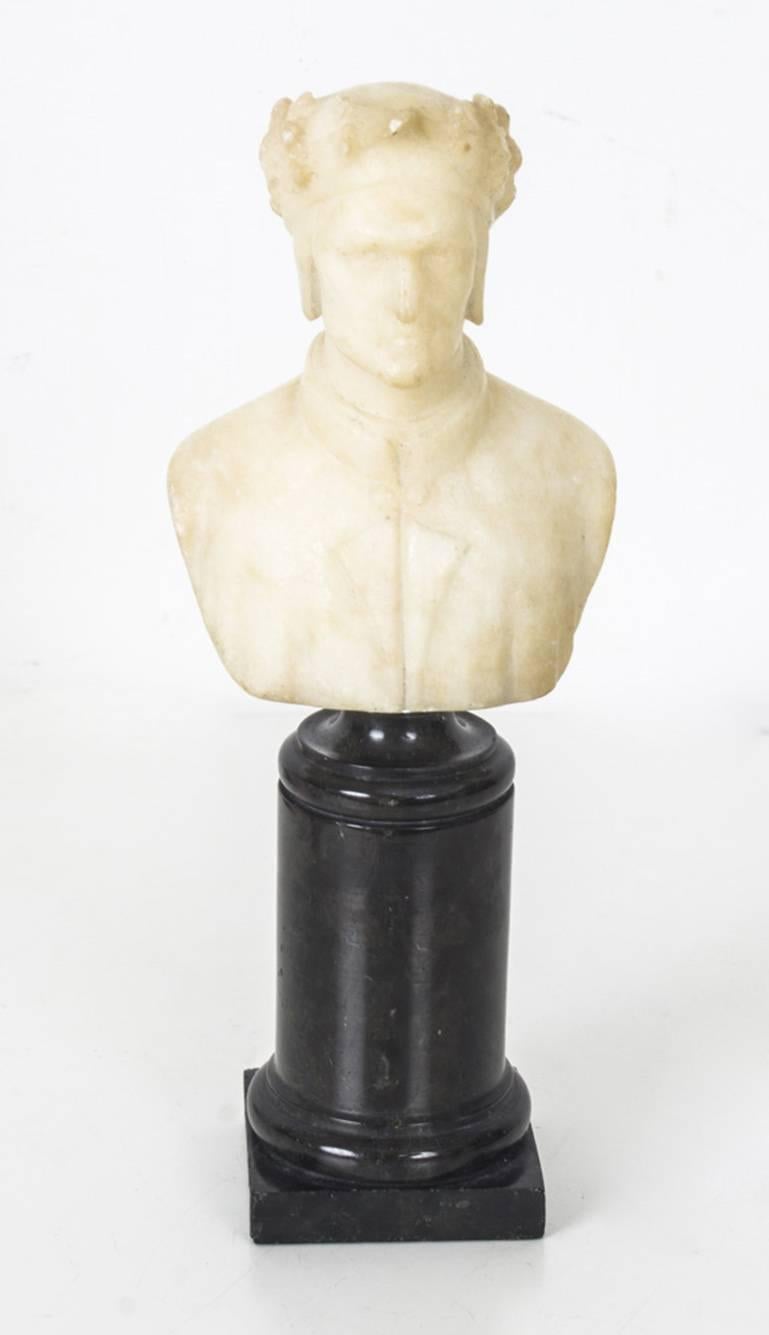 A beautiful 19th century alabaster desk bust of Dante Alighieri, raised on a black marble columnar base.
This is truly a beautiful display item and it will no doubt become the centrepiece of your collection. The attention to detail here is