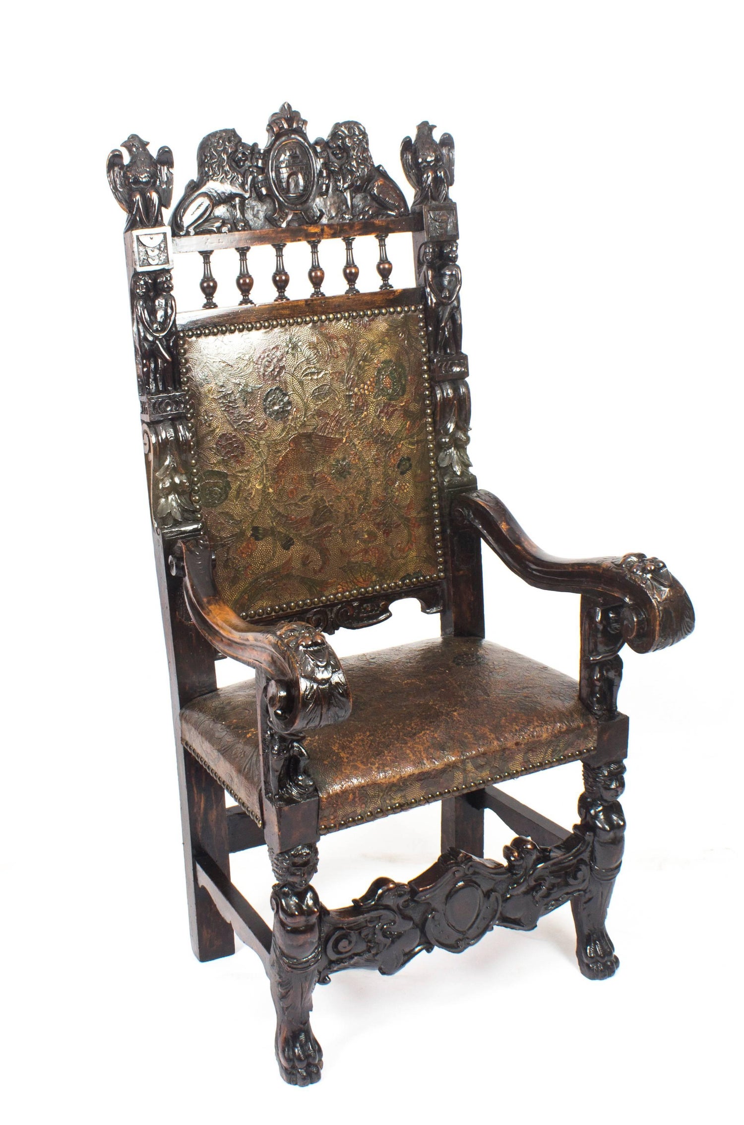 19th Century Pair Of Carved Oak And Leather Gothic Throne Chairs At 1stdibs