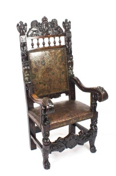 19th Century Pair of Carved Oak and Leather Gothic Throne Chairs