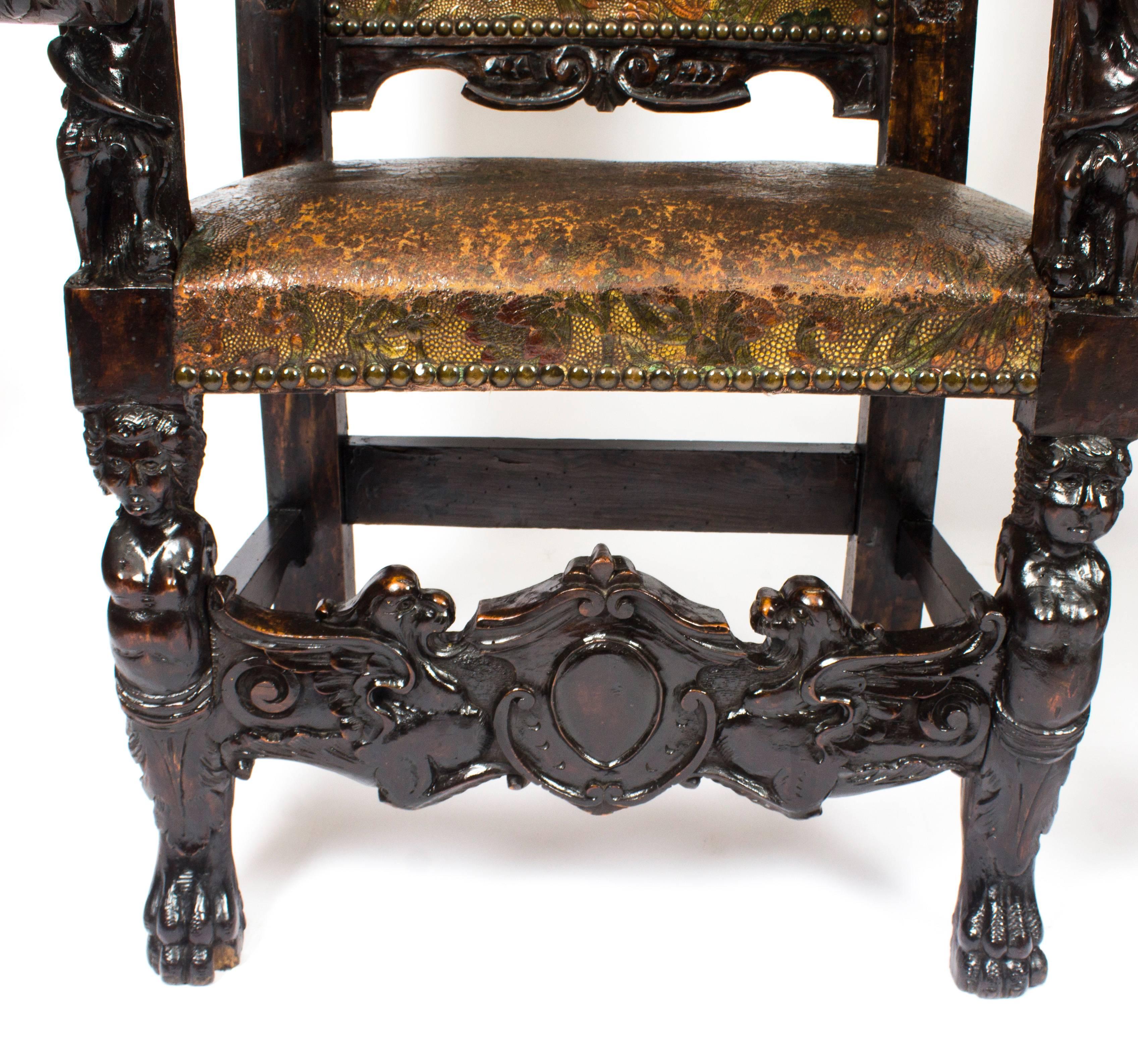 Victorian 19th Century Pair of Carved Oak and Leather Gothic Throne Chairs