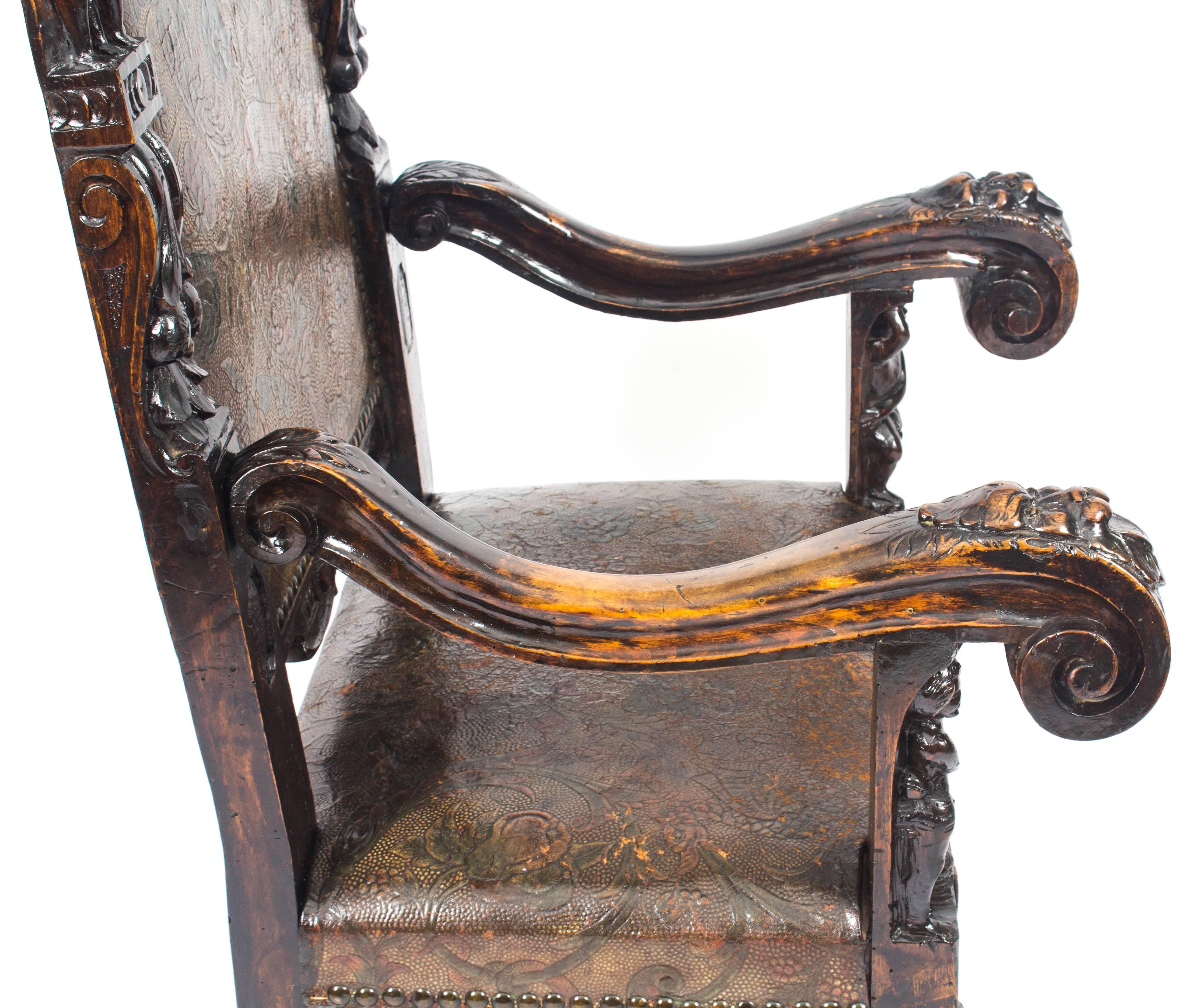 19th Century Pair of Carved Oak and Leather Gothic Throne Chairs 1