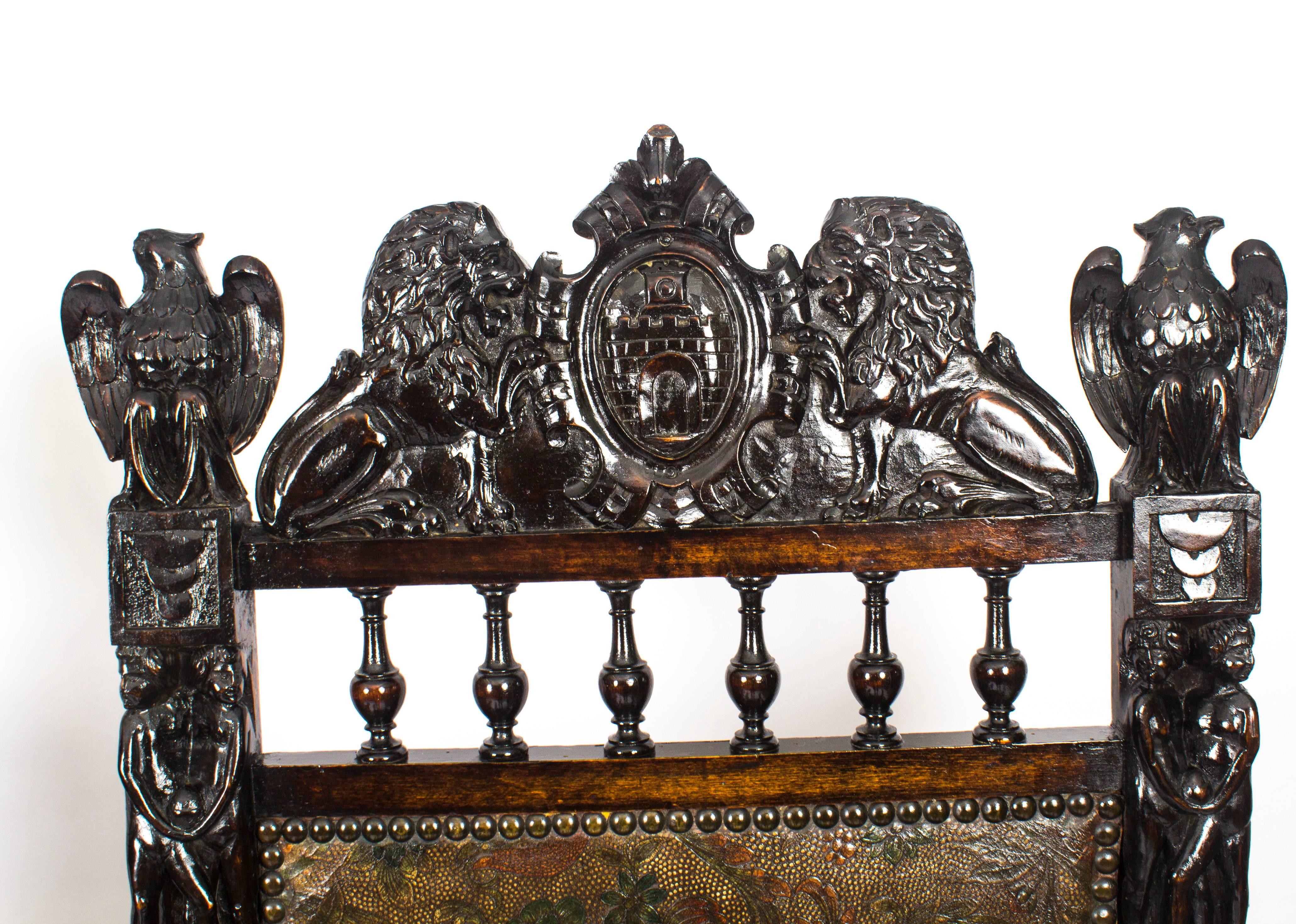 English 19th Century Pair of Carved Oak and Leather Gothic Throne Chairs