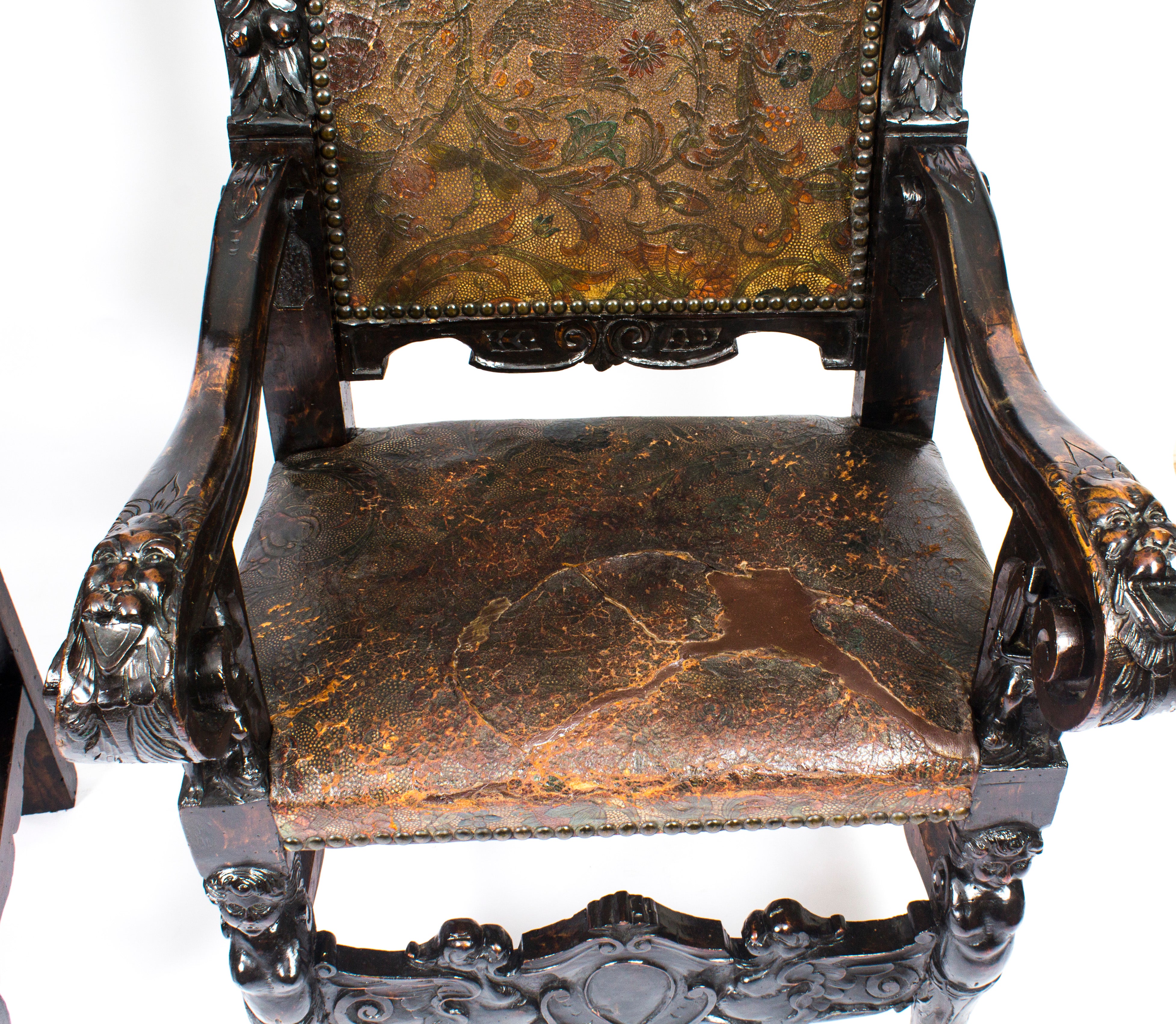 19th Century Pair of Carved Oak and Leather Gothic Throne Chairs at