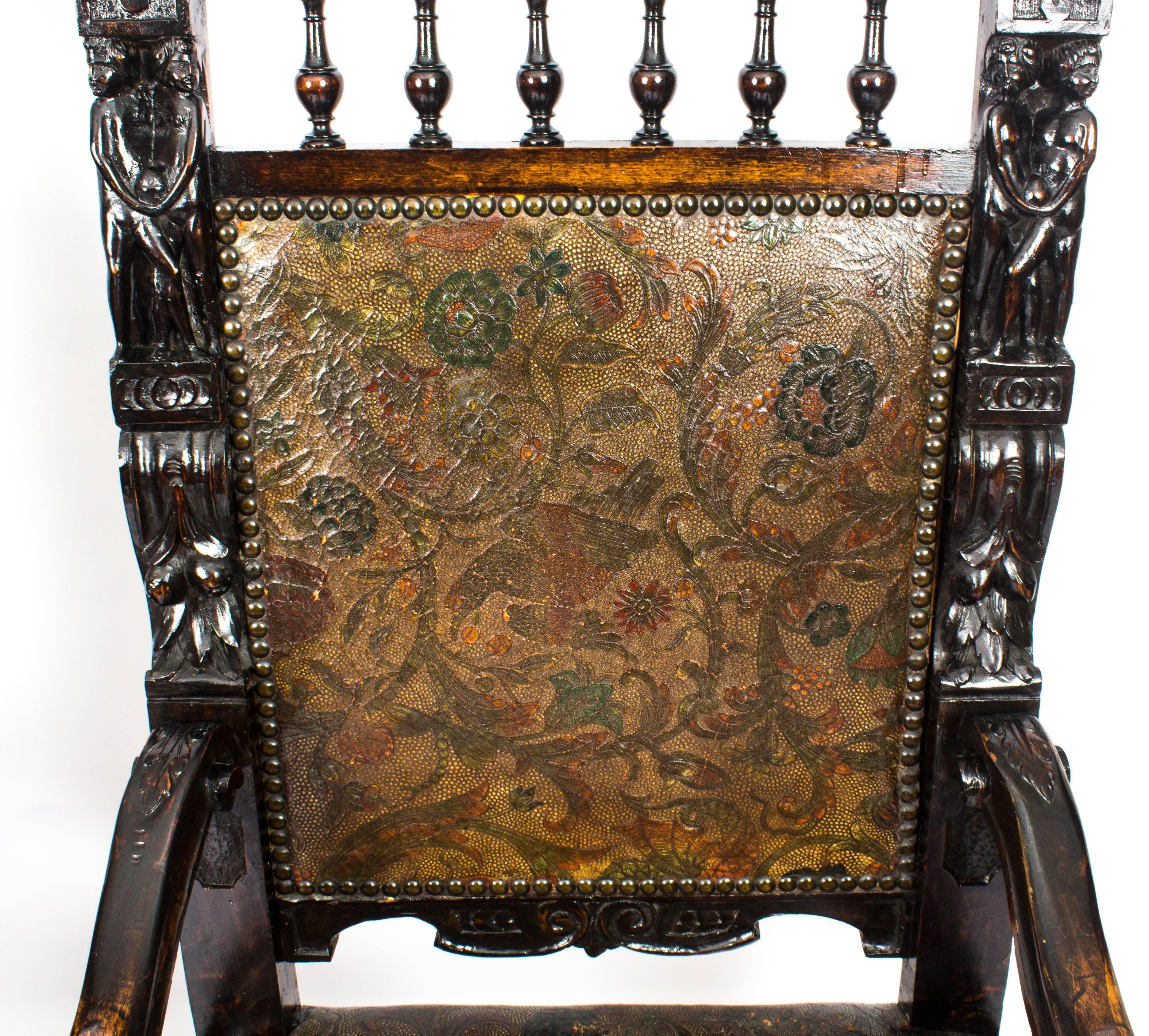 19th Century Pair of Carved Oak and Leather Gothic Throne Chairs In Excellent Condition In London, GB