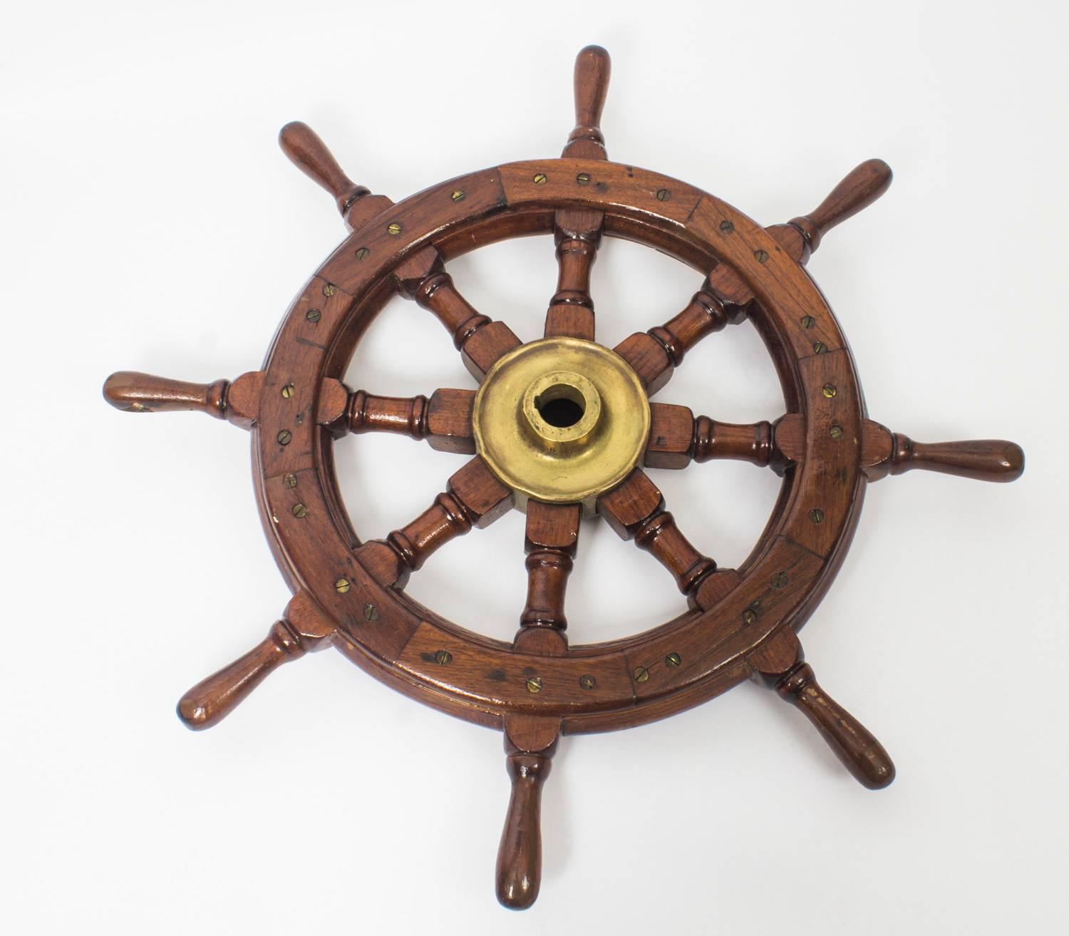 Antique Brass Set Eight Spoke Mahogany Ships Wheel, 19Th Century Antique Brass Set Eight Spoke Mahogany Ships Wheel, 19Th Century