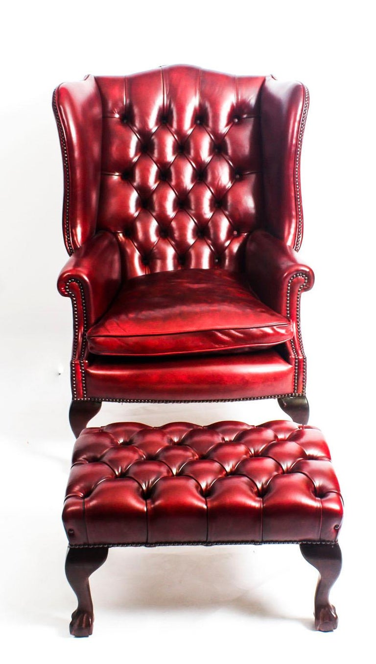 Pair Of Leather Chippendale Wing Back Armchairs And Stools Ruby This Is A Very Handsome Pair Of Bespoke New Leather Wing Chairs With