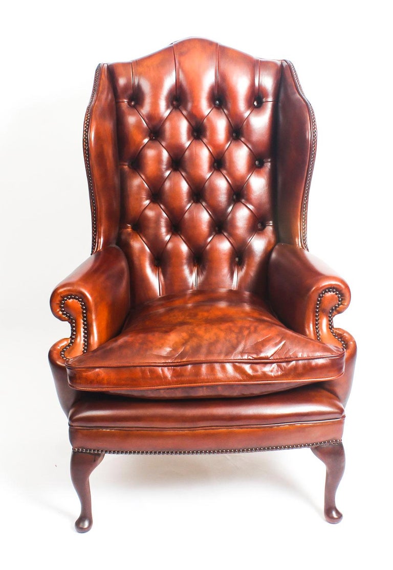English Leather Queen Anne Sofa And Pair Of Armchairs Burnt Amber English Leather Queen Anne Sofa And Pair Of Armchairs Burnt Amber For 7