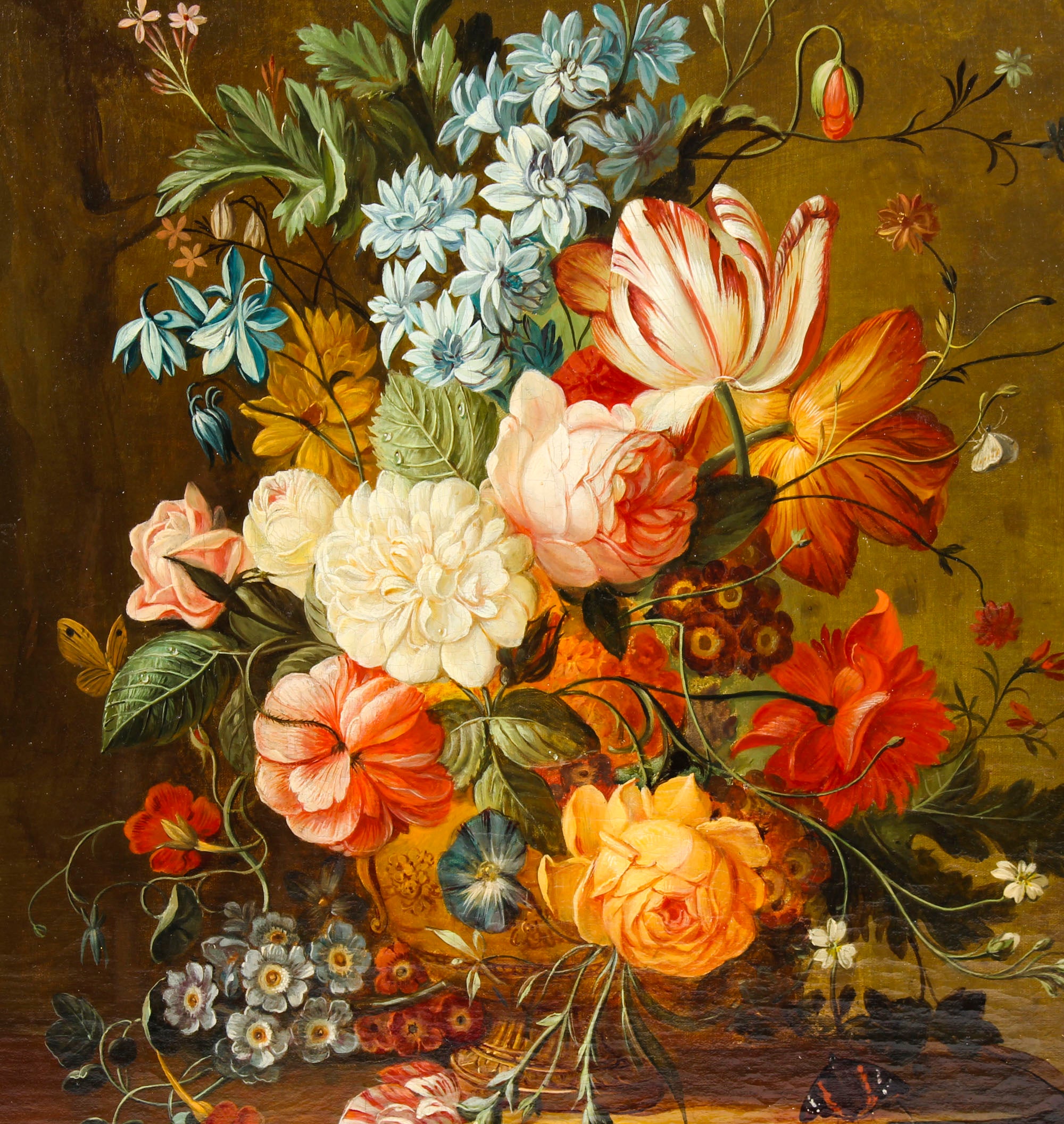 Antique Dutch School Floral Still Life Oil Painting Framed Late