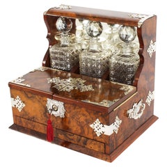 Antique Silver Mounted Burr Walnut 3 Crystal Decanter Tantalus Dry Bar 19th C
