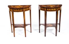 Vintage Pair of Burr Walnut Half Moon Marquetry Console Tables, 20th Century