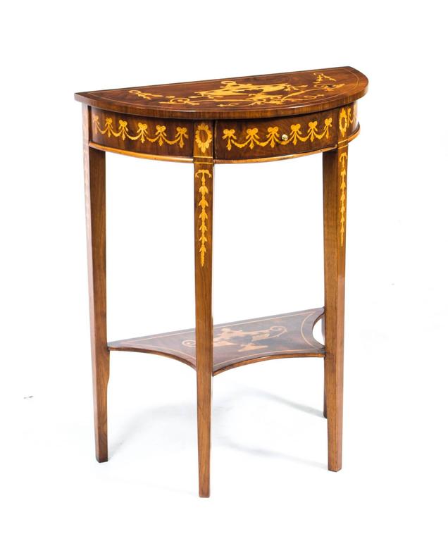 Vintage Pair Of Burr Walnut Half Moon Marquetry Console Tables 20th English Vintage Pair Of Burr Walnut Half Moon Marquetry Console Tables 20th Century For