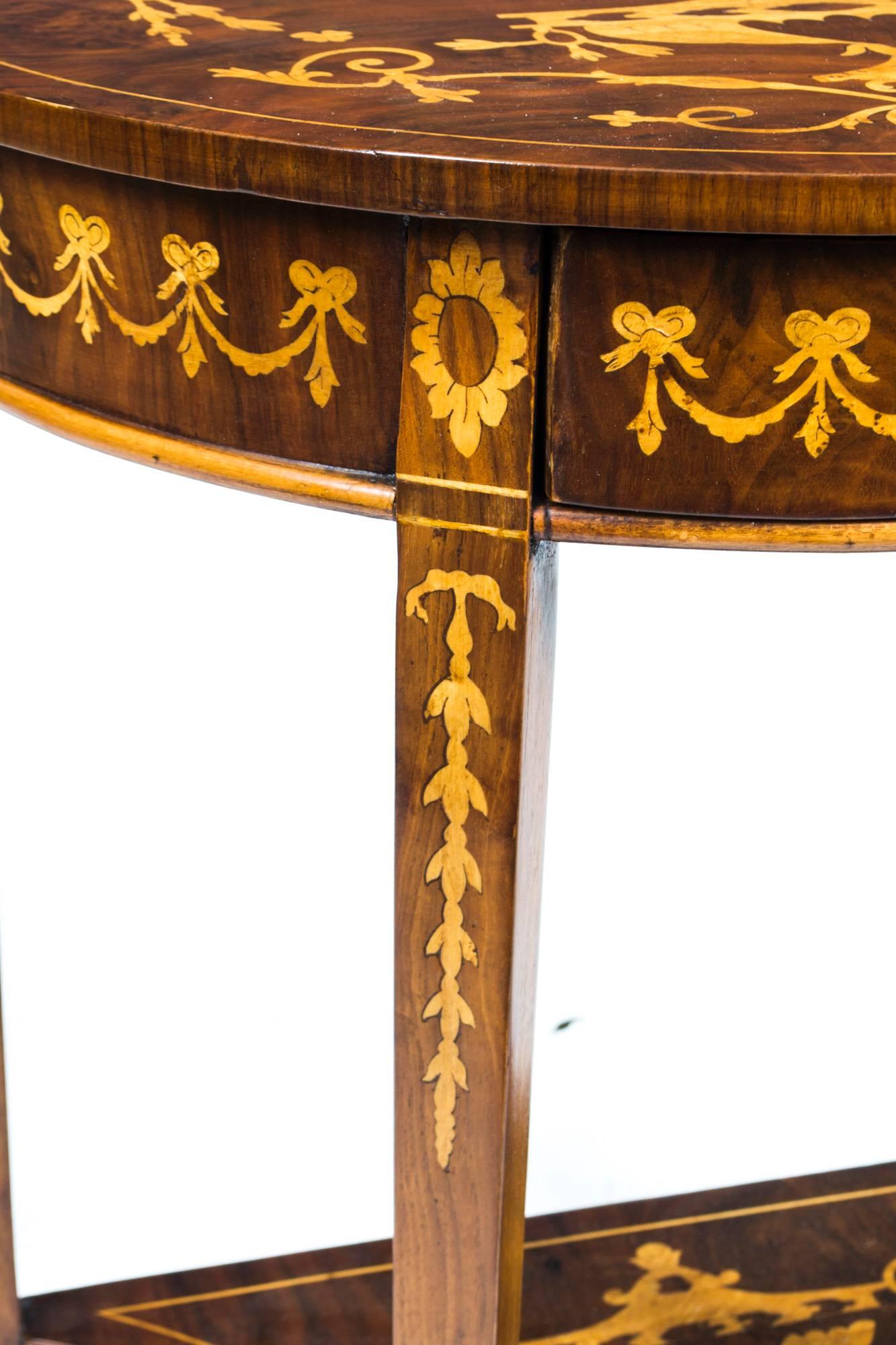 English Vintage Pair of Burr Walnut Half Moon Marquetry Console Tables, 20th Century