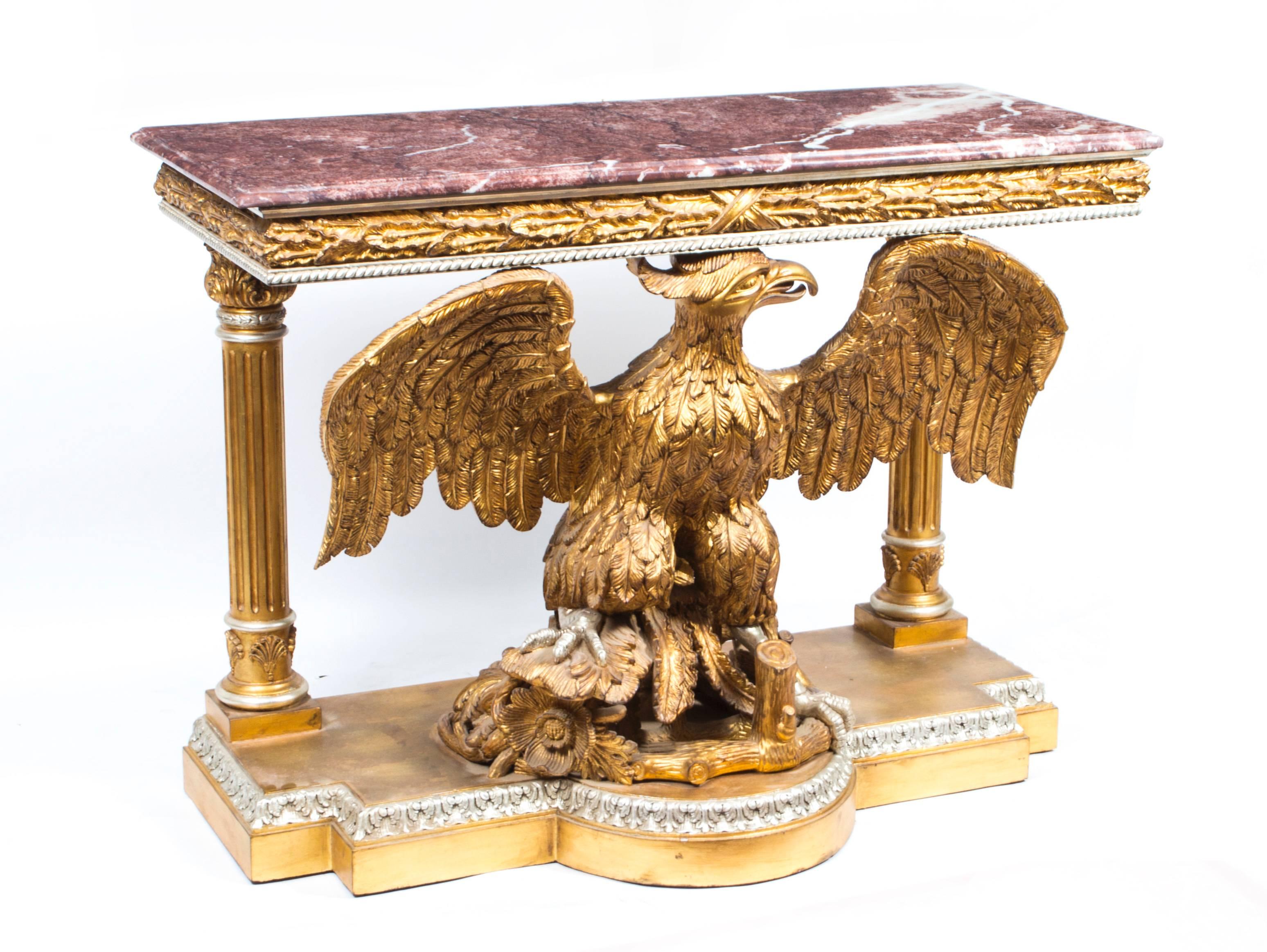English Vintage Pair of Eagle Giltwood Console Tables Marble Tops