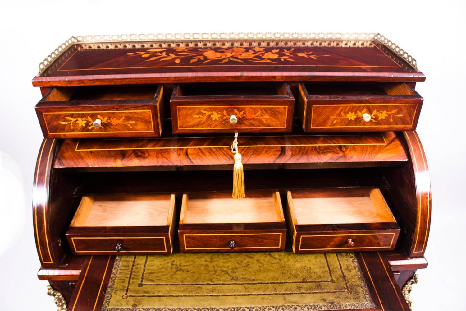 19th Century Antique French Louis XV Revival Rosewood Cylinder Bureau, circa 1870