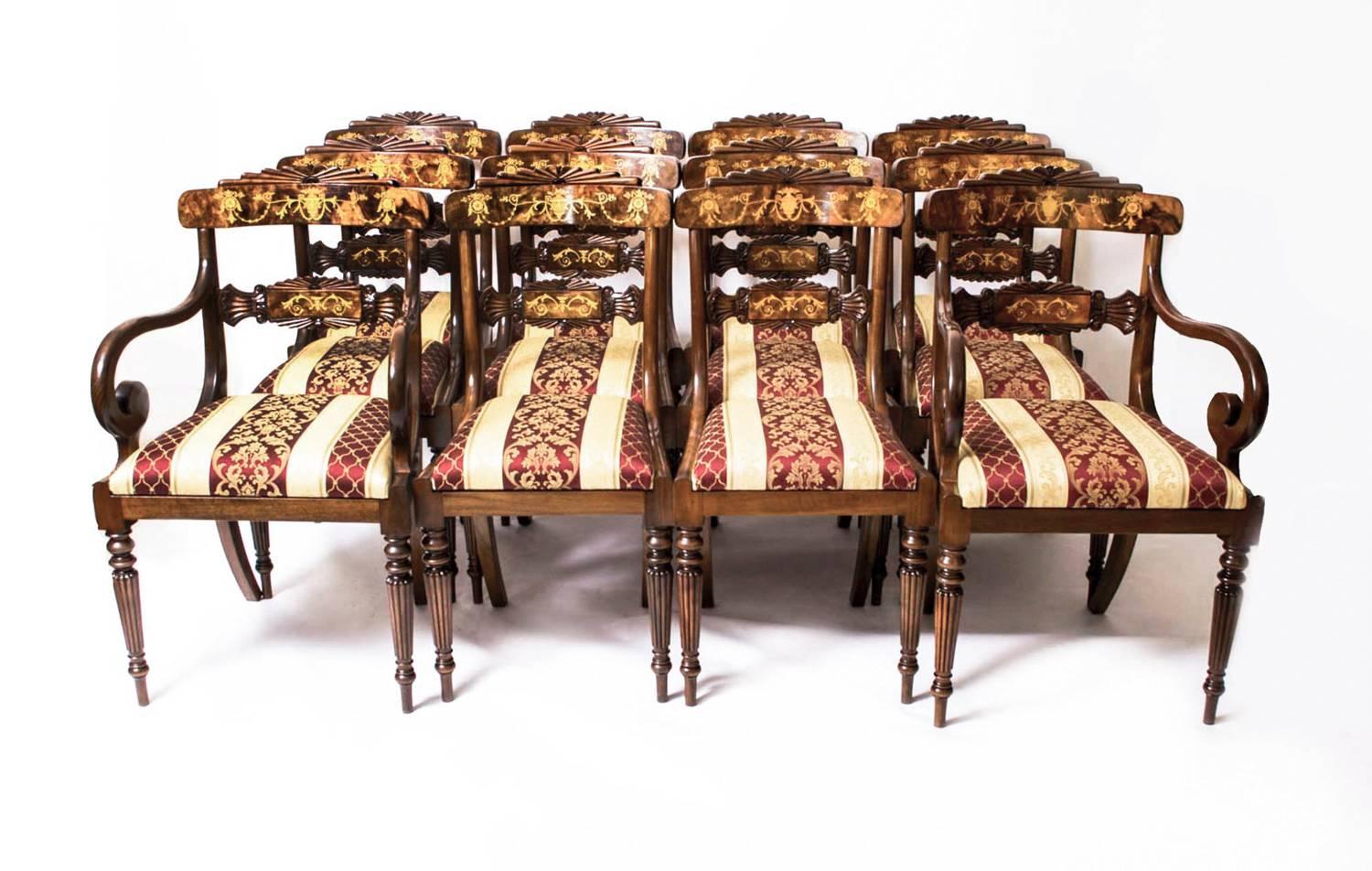 Early 20th Century Antique Flame Mahogany Ormolu Dining Table and Ten Chairs