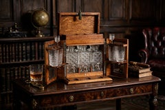 Antique Pollard Oak Three Crystal Decanter Tantalus Dry Bar Humidor 19th Century