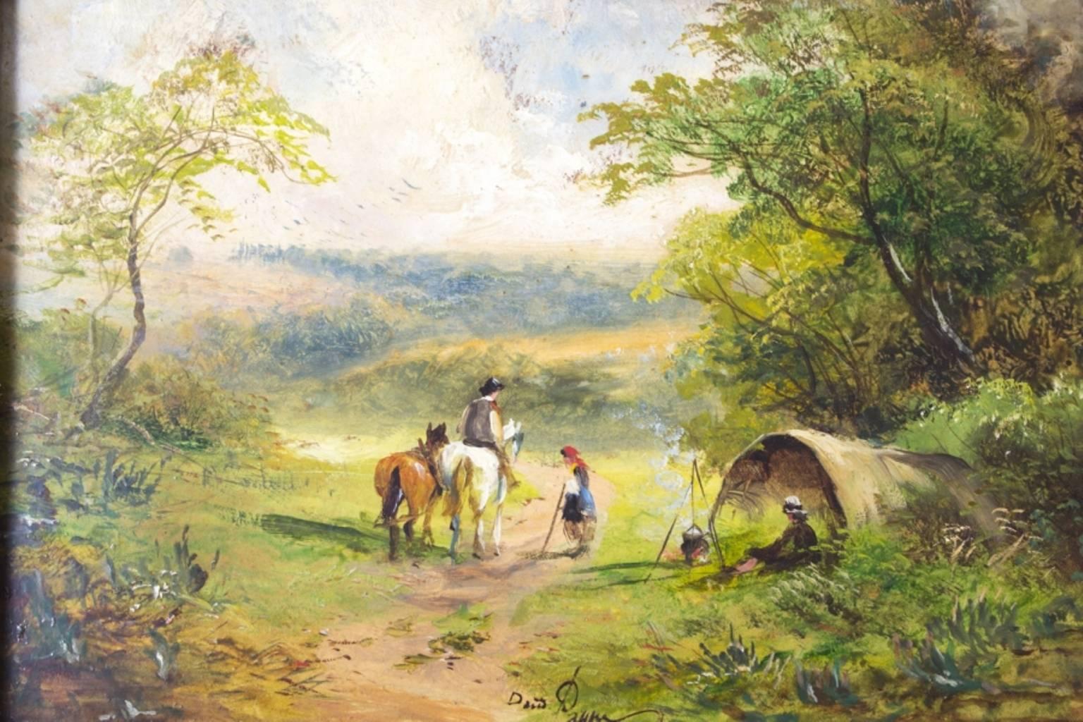 Payne, David (British) (1844-1891), landscape with figures, donkeys and camp, oils on wooden panel, signed, gilt frame, 18cm by 25cm.

This is a beautiful oval oil on canvas painting depicting St. Mary Magdalene, Italian School, circa 1860 in