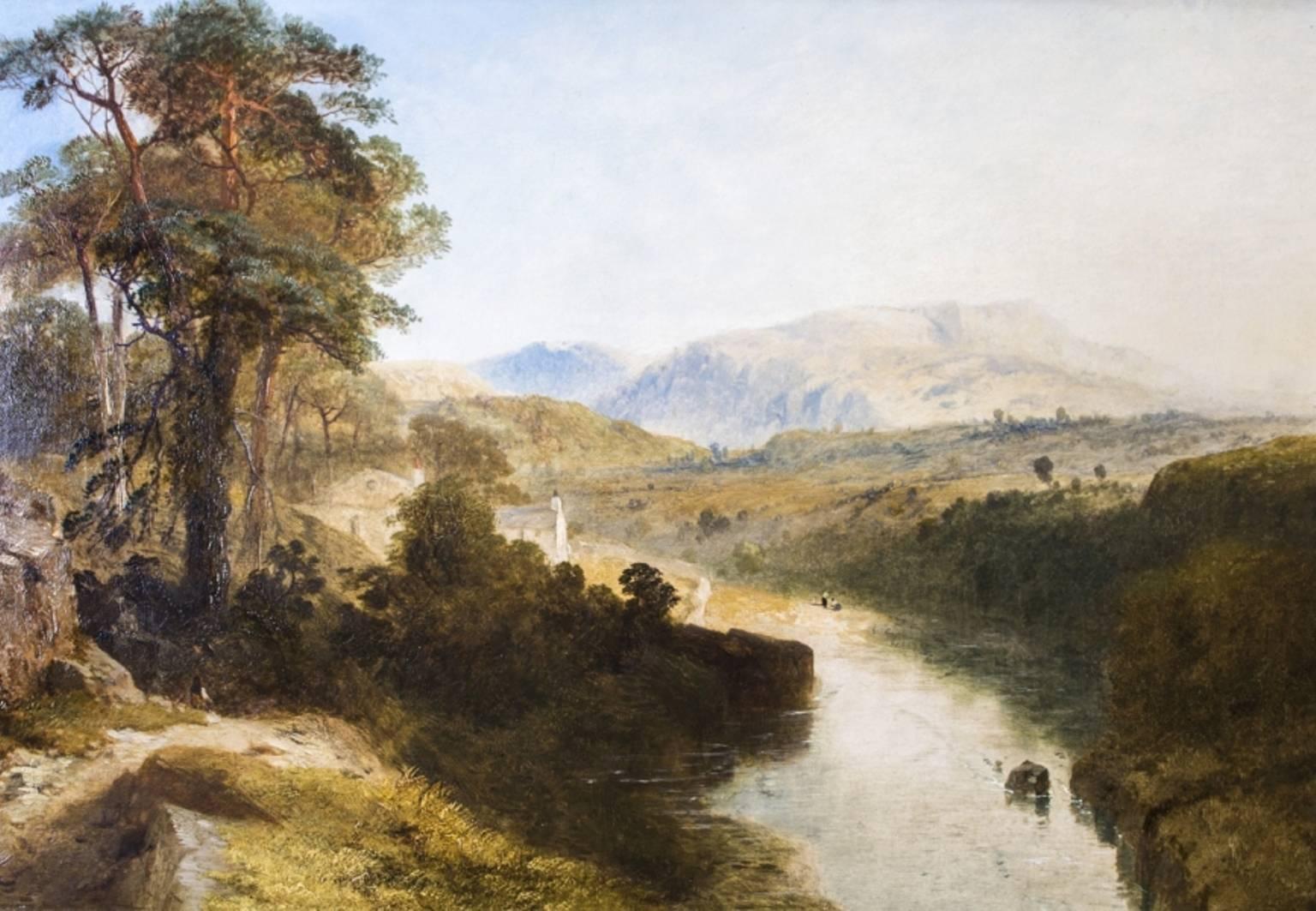 This is a lovely and beautifully executed painting by a British artist, James Baker Pyne, 1800-1870. It is an extensive Romantic Landscape with meandering river and imposing mountains behind.

It is oils on canvas, mounted in a beautiful gilt