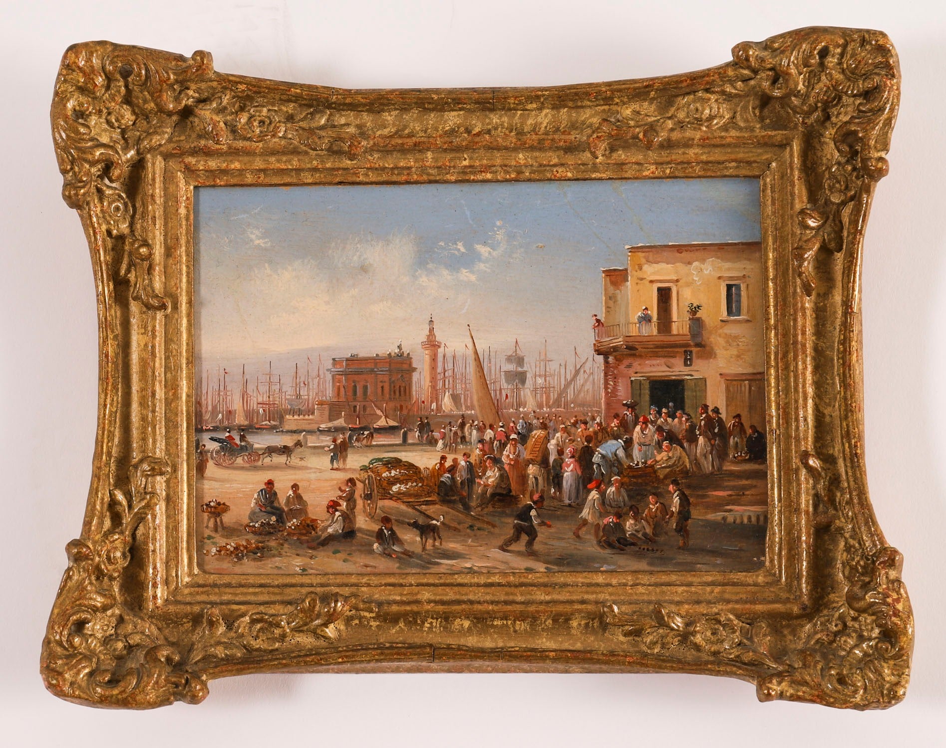 Óleo antiguo Escena portuaria italiana Siglo XIX