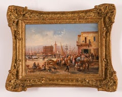 Óleo antiguo Escena portuaria italiana Siglo XIX