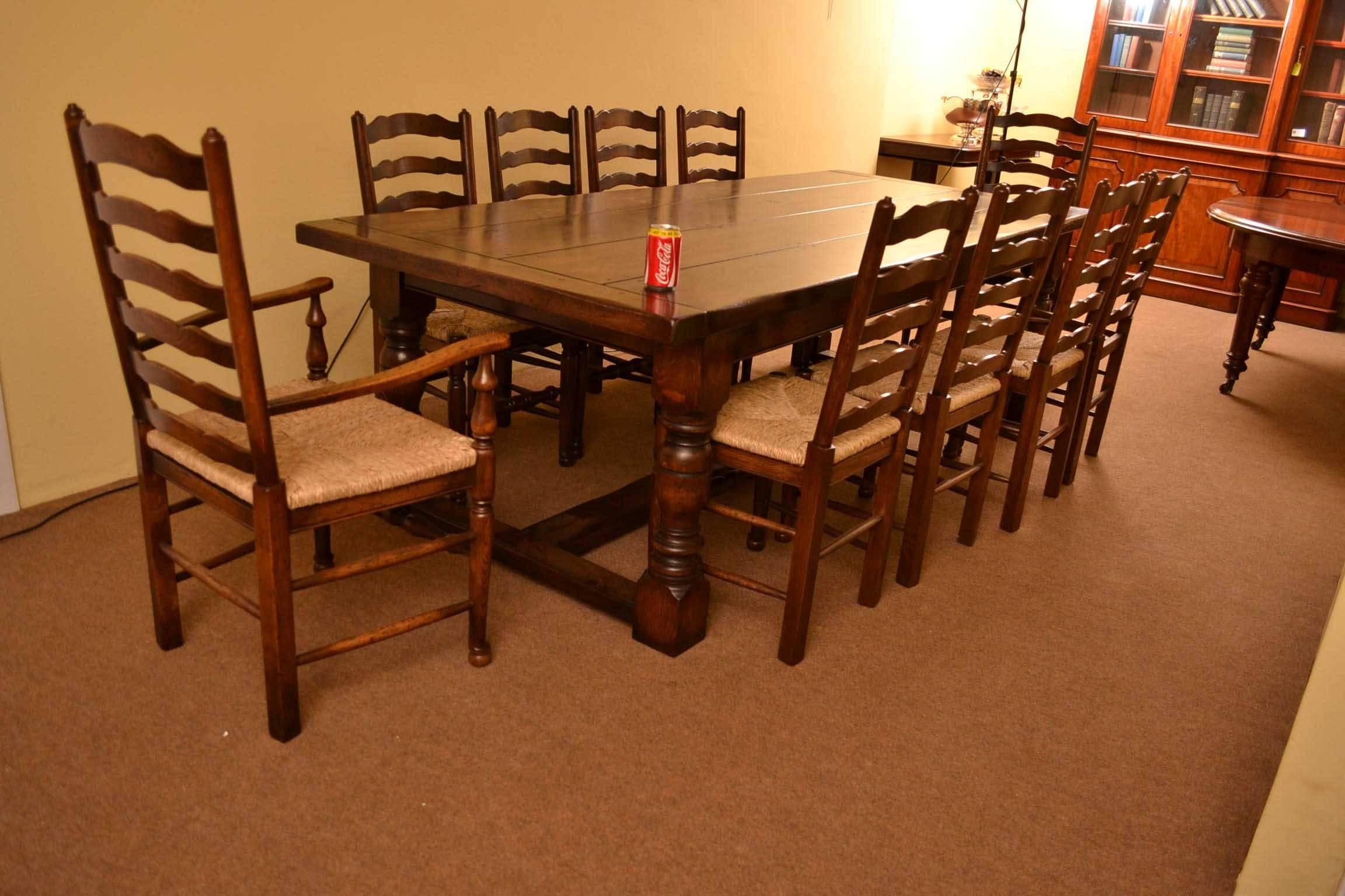 20th Century Bespoke Solid Oak Refectory Dining Table & 10 Chairs