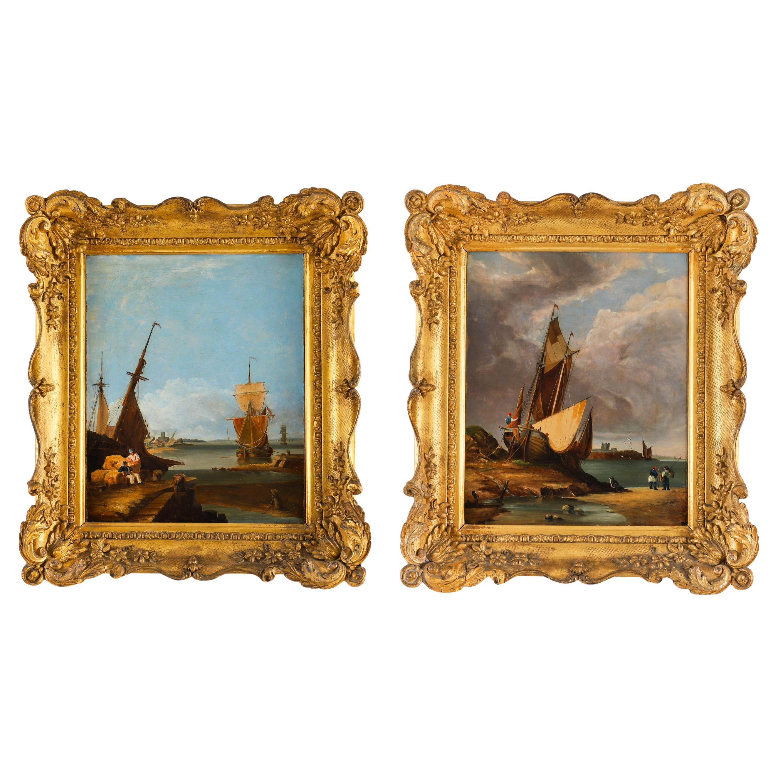 Antique Pair of Coastal Scene Maritime Oil Paintings 19th Century