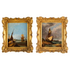 Antique Pair of Coastal Scene Maritime Oil Paintings 19th Century