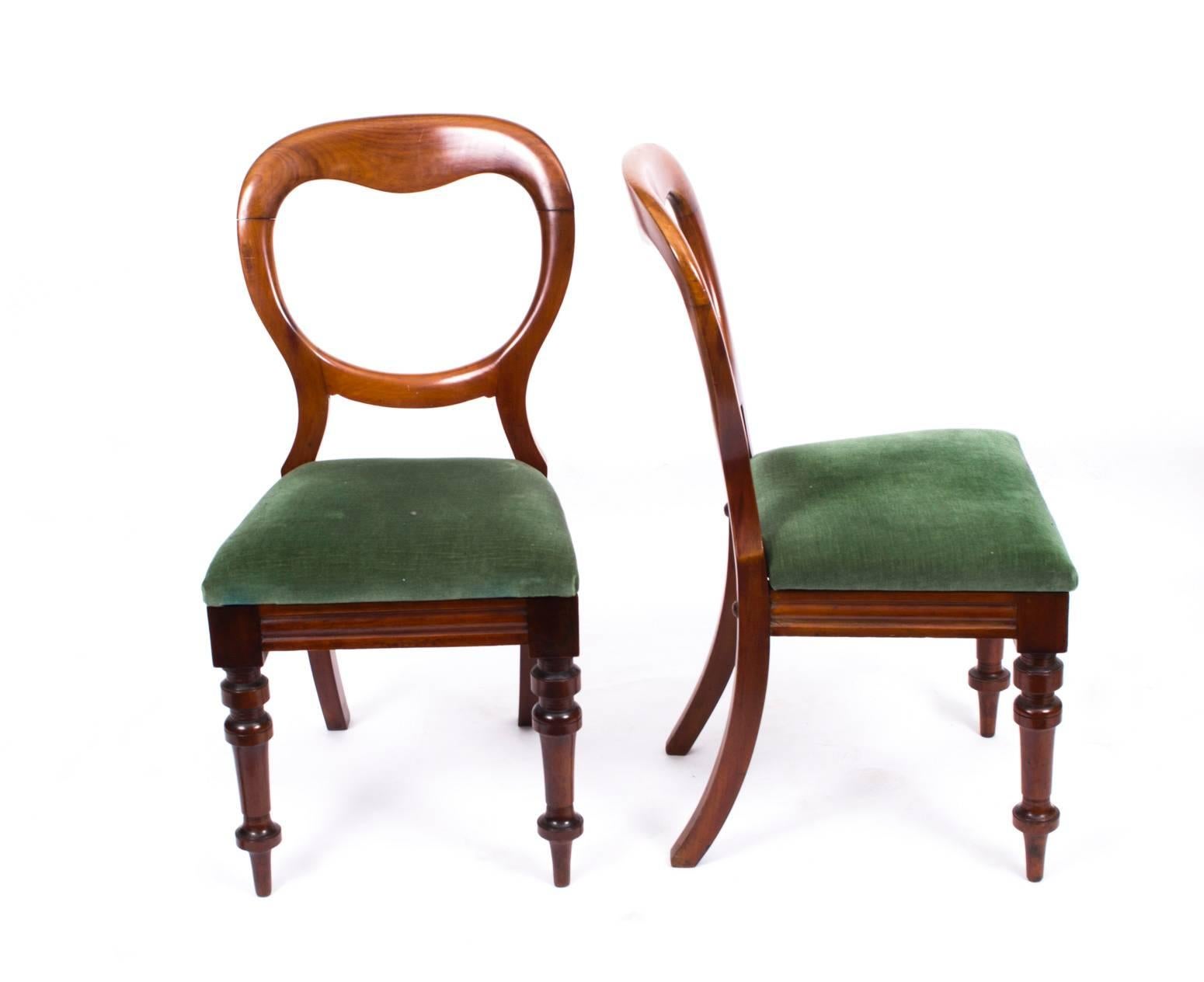 A superb set of ten antique Victorian mahogany dining chairs, circa 1880 in date.
 
With balloon shaped open backs, drop in seats upholstered in a sumptuous green velvet, and raised on turned tapered front legs with scroll back legs.

These