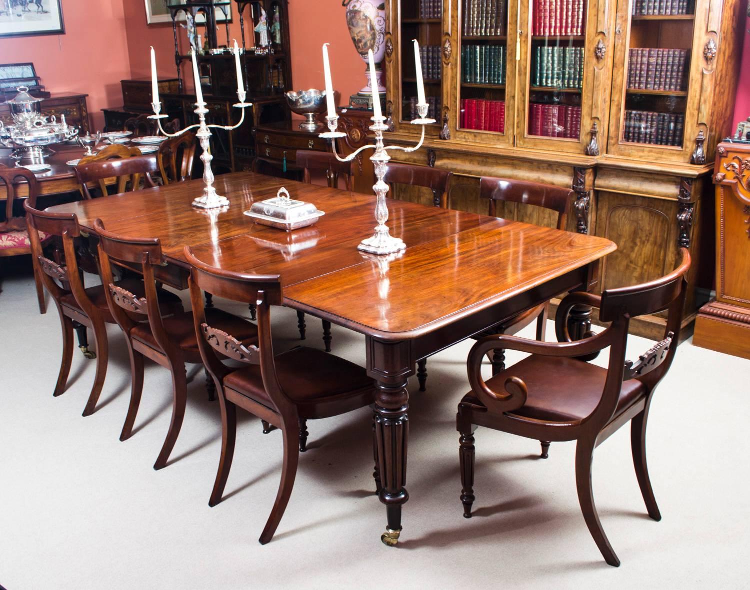 A very rare opportunity to own an antique English Regency dining table in the manner of Gillows, circa 1820 in date, with eight antique Regency dining chairs, also circa 1820 in date

This amazing table has two original leaves, can sit eight