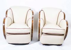 1930s Pair of White Leather Art Deco Cloud Armchairs