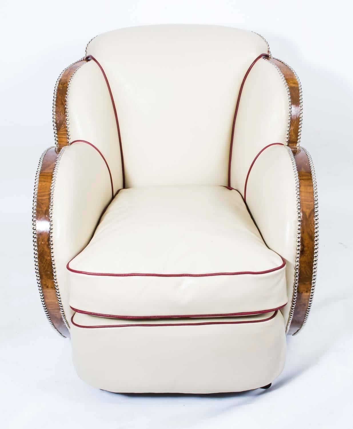 English 1930s Pair of White Leather Art Deco Cloud Armchairs
