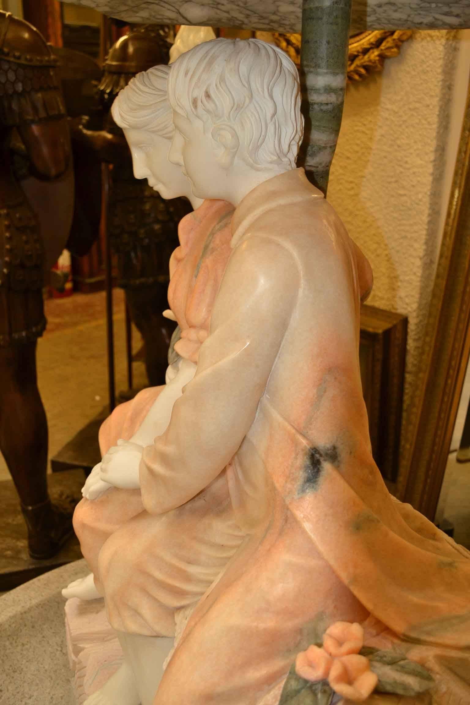 Hand-Carved Pink Marble Garden Fountain Lovers Statue