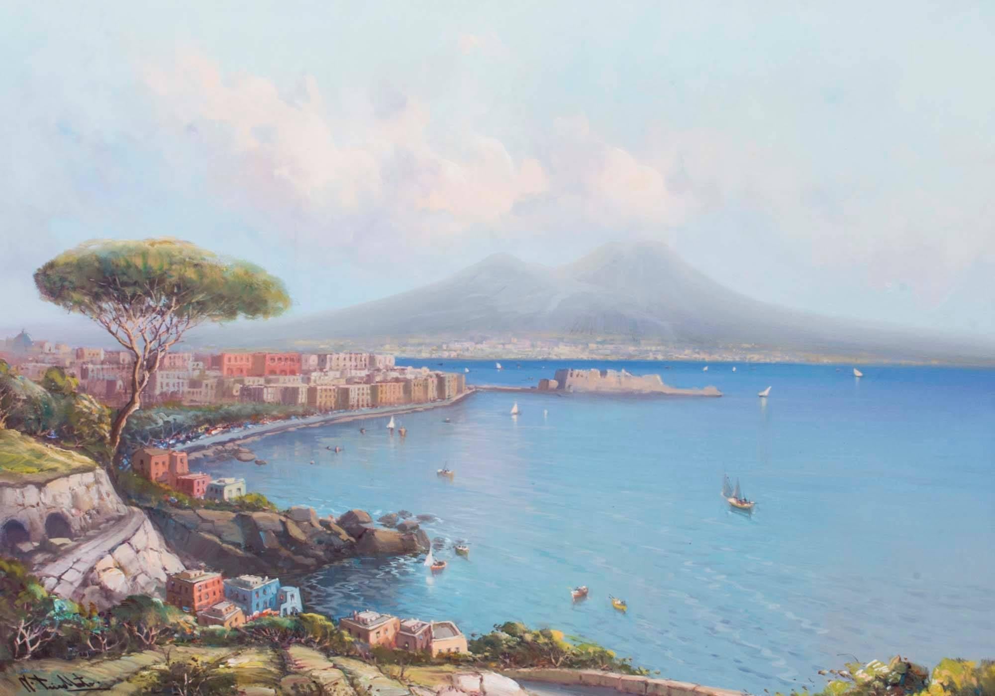This is a very decorative vintage oil on canvas painting of the Bay of Naples, dating from the second half of the 20th century.

The painting depicts the panoramic view of the city of Naples, the winding roads with beautiful houses sitting beside