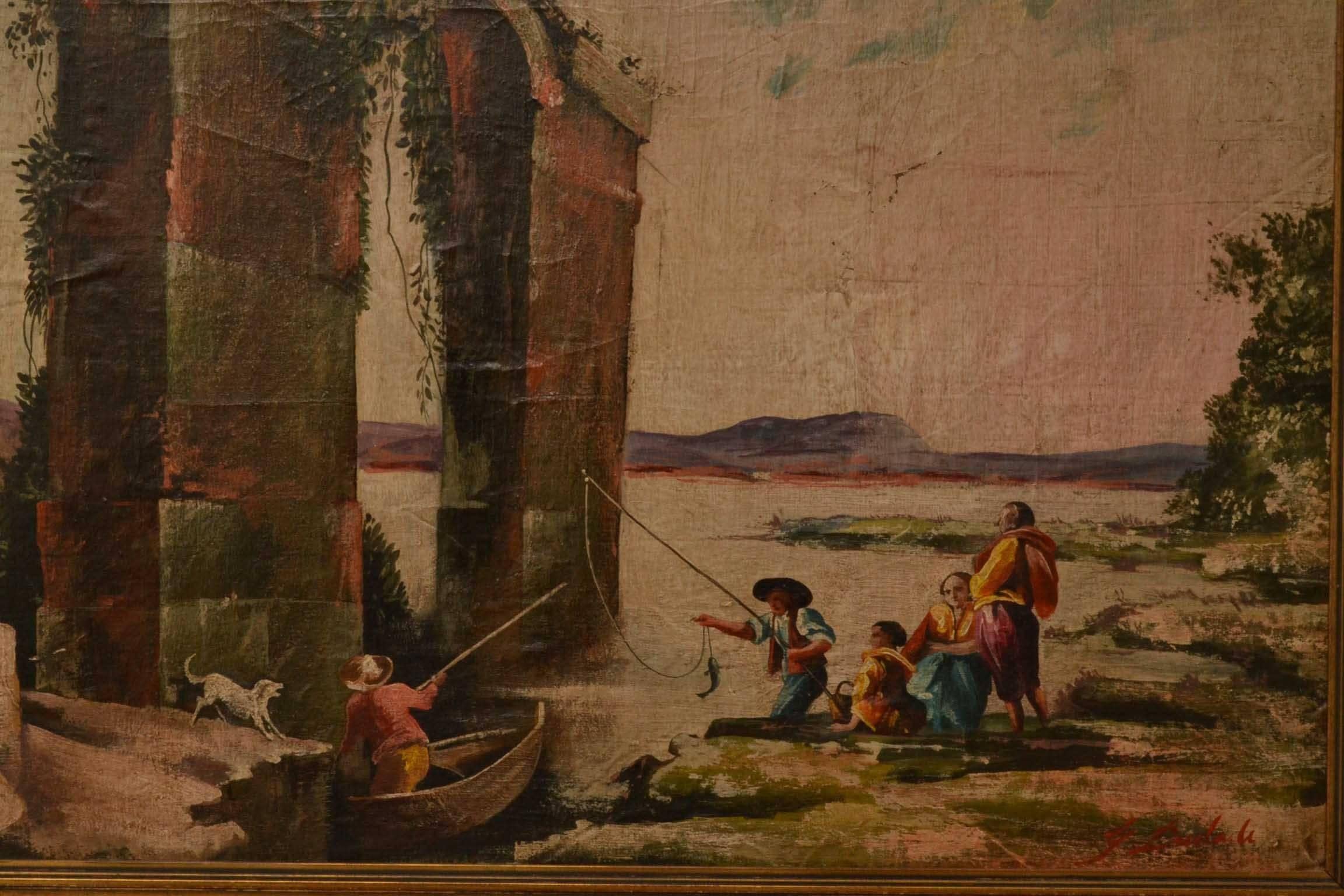 This is a beautiful oil painting in the Palladian style of a Classical scene of Roman Ruins, with a family fishing in the shadows.

It is a delightful and tranquil picture which has been masterfully painted and set in a superb giltwood