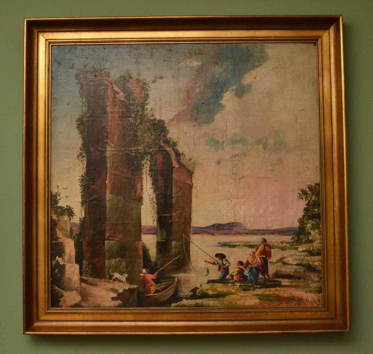 Palladian Vintage Oil Painting Classical Roman Ruins, 20th Century