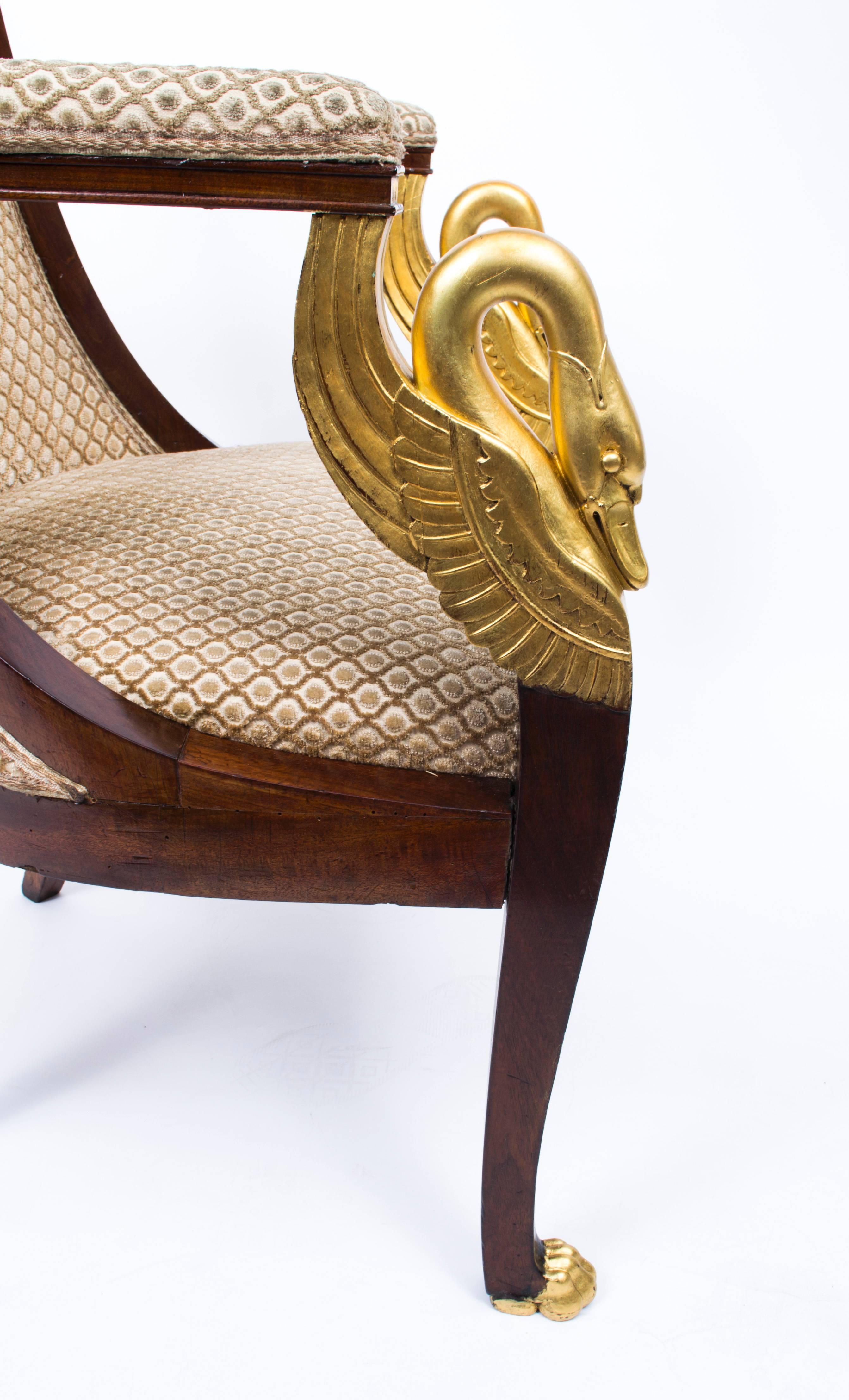 Hand-Carved Antique Pair of Empire Gilded Swan Neck Mahogany Armchairs, circa 1820