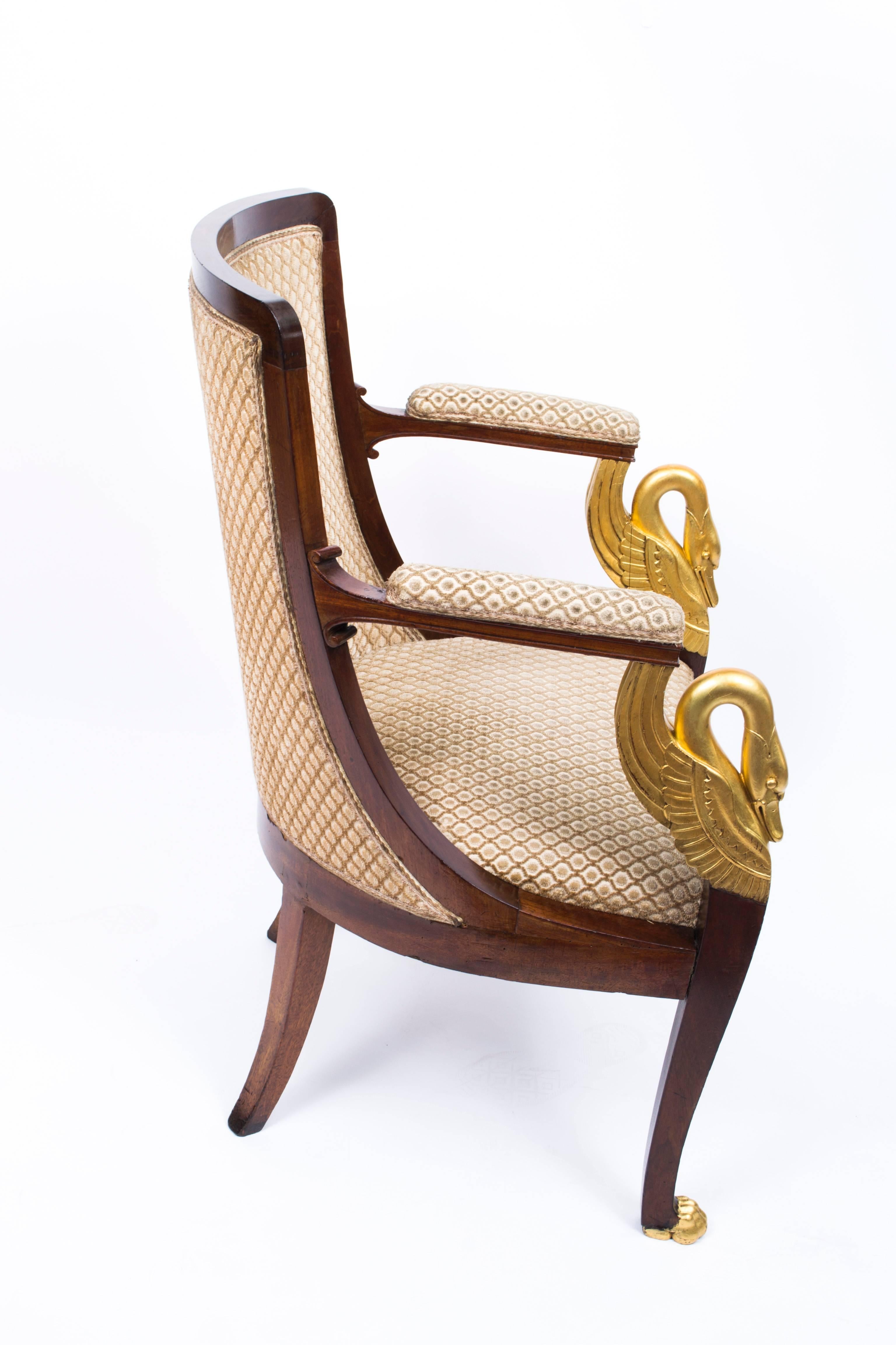 Antique Pair of Empire Gilded Swan Neck Mahogany Armchairs, circa 1820 In Excellent Condition In London, GB