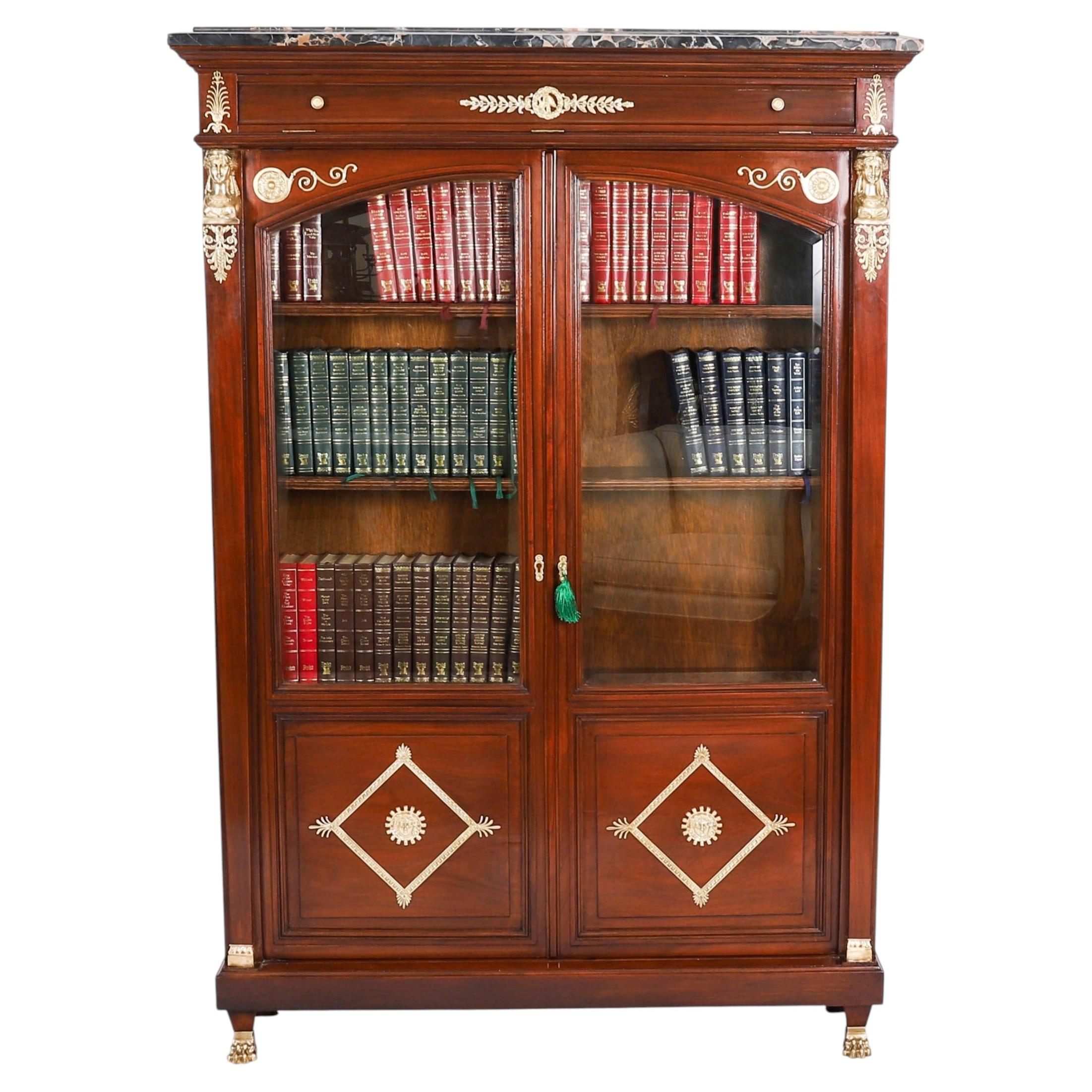 Antique French Empire Revival Mahogany Bookcase Cabinet 19th Century For Sale