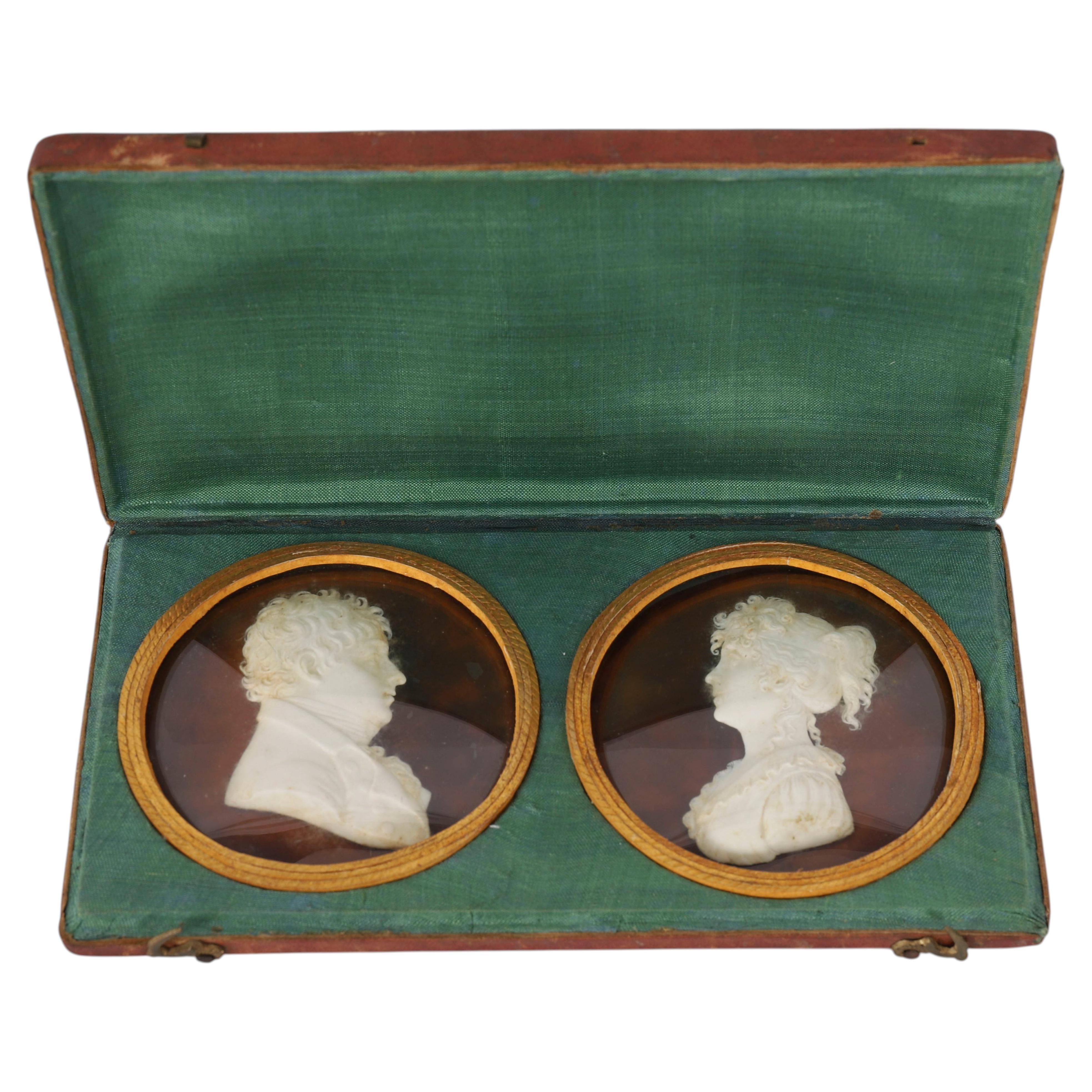 Antique Pair of Framed Grand Tour Wax Portrait Reliefs 19th Century