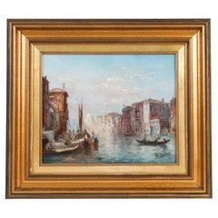 Peinture à l'huile ancienne : Le Grand Canal, palais Mocenigo, Venise, par Alfred Pollentine, XIXe siècle