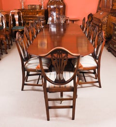 Antique 11ft Regency Revival 3 Pillar Dining Table C1900 &12 Shield Back chairs