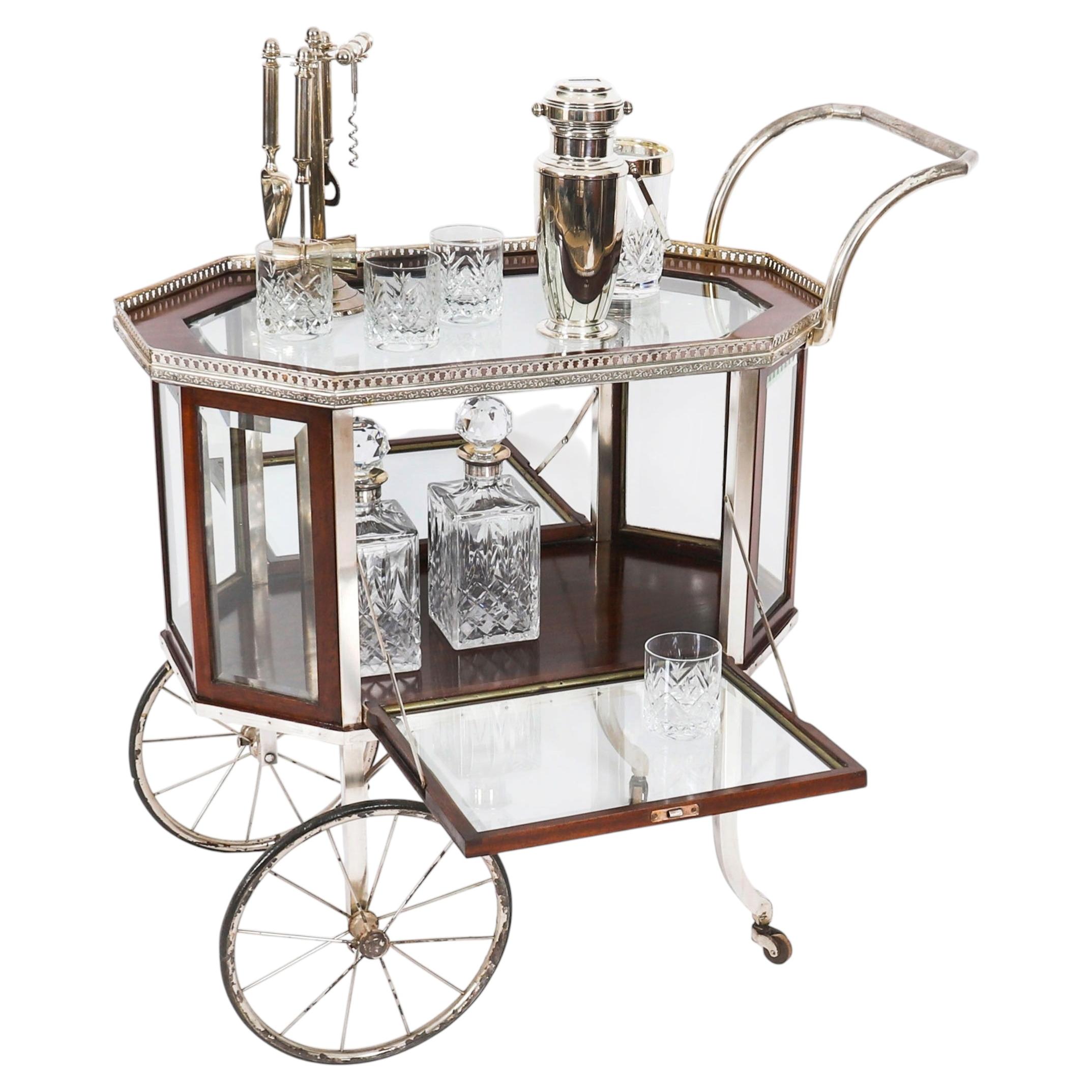 Chariot de bar / chariot de service français Art déco ancien, doré, vers 1920, XXe siècle