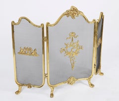 Antique French Rococo Flaming Torch Gilt Bronze Triple Fire Screen C1870