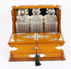 Antique Blonde Oak Tantalus Dry Bar 3 Decanter & Games Compendium 19th C