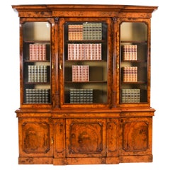 Antique Victorian Burr Walnut Breakfront Bookcase 19th Century